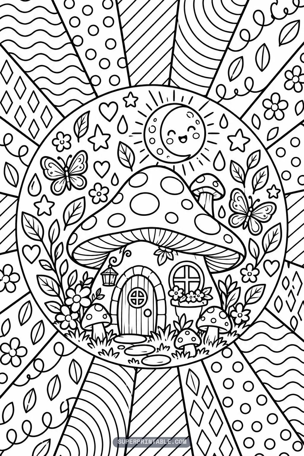 Charming spotted mushroom fairy house with arched wooden door, butterflies, and cheerful celestial face