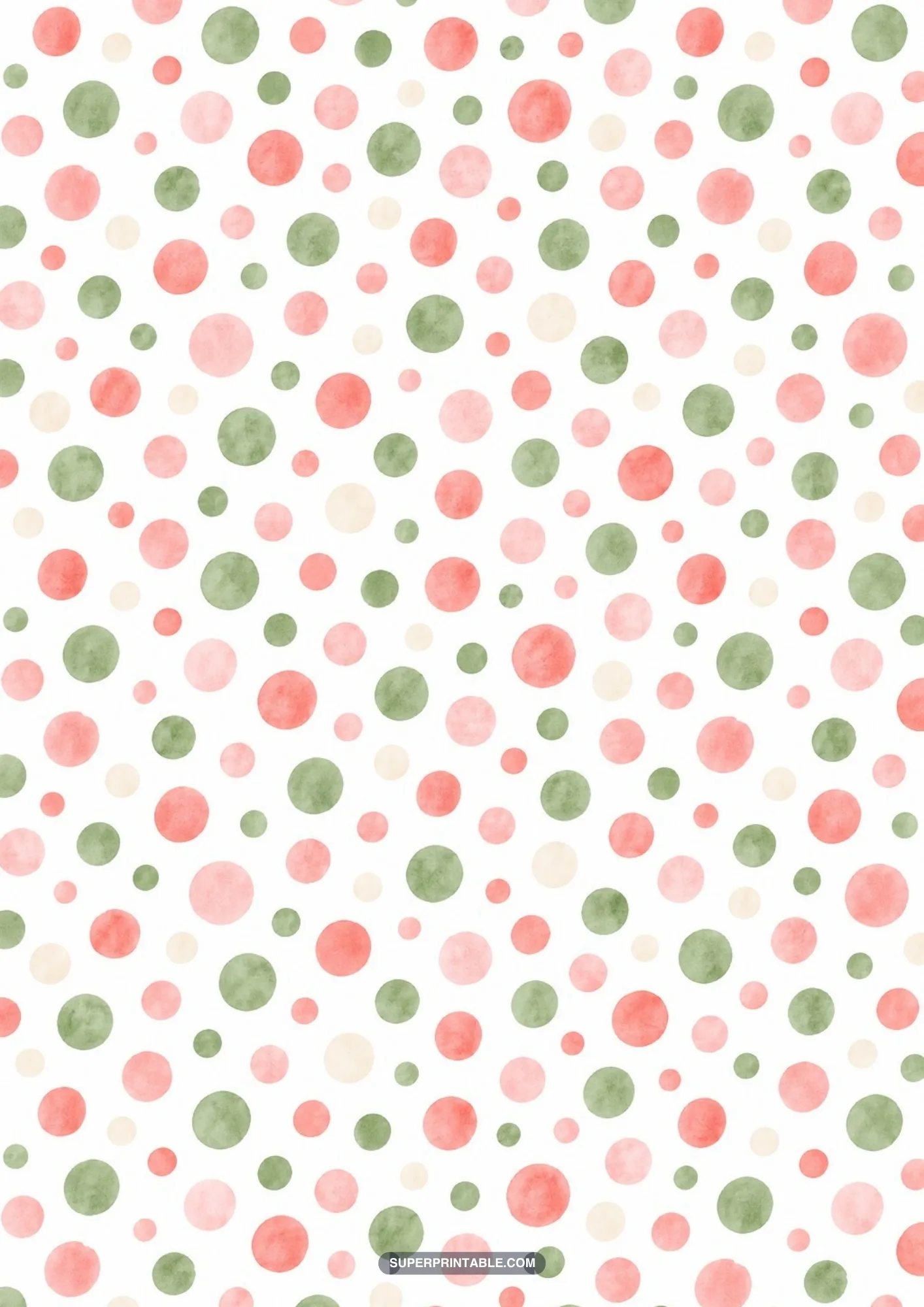 Multicolor watercolor polka dots scattered across a plain white paper background