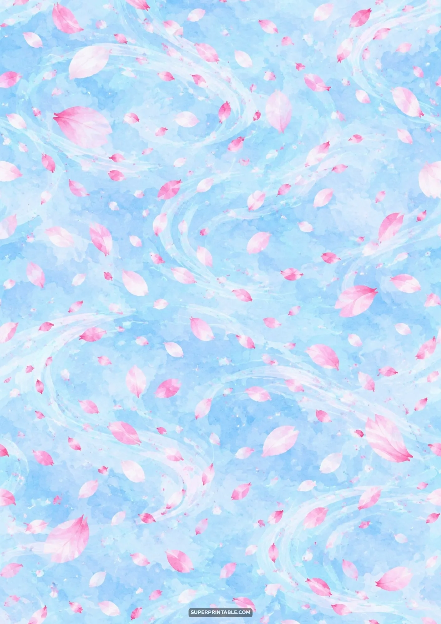 Fluttering pink cherry blossom petals caught in swirling breeze patterns over a sky blue watercolor wash