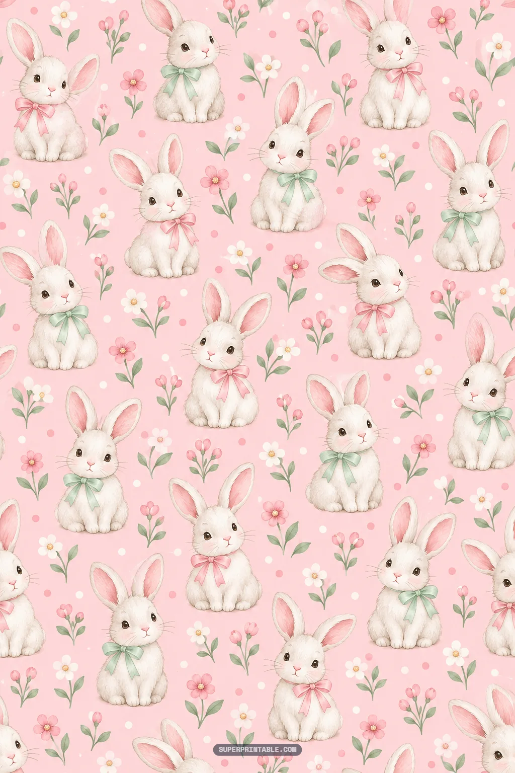 Pastel easter digital papers featuring adorable fluffy white bunnies with soft pastel ribbon bows and spring flowers