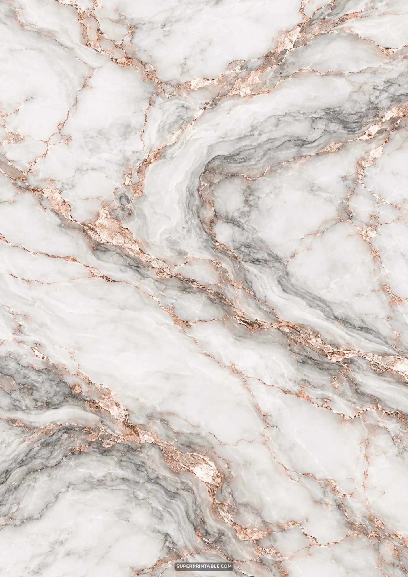 Smooth white Carrara marble backdrop featuring soft grey shading and warm rose gold veining