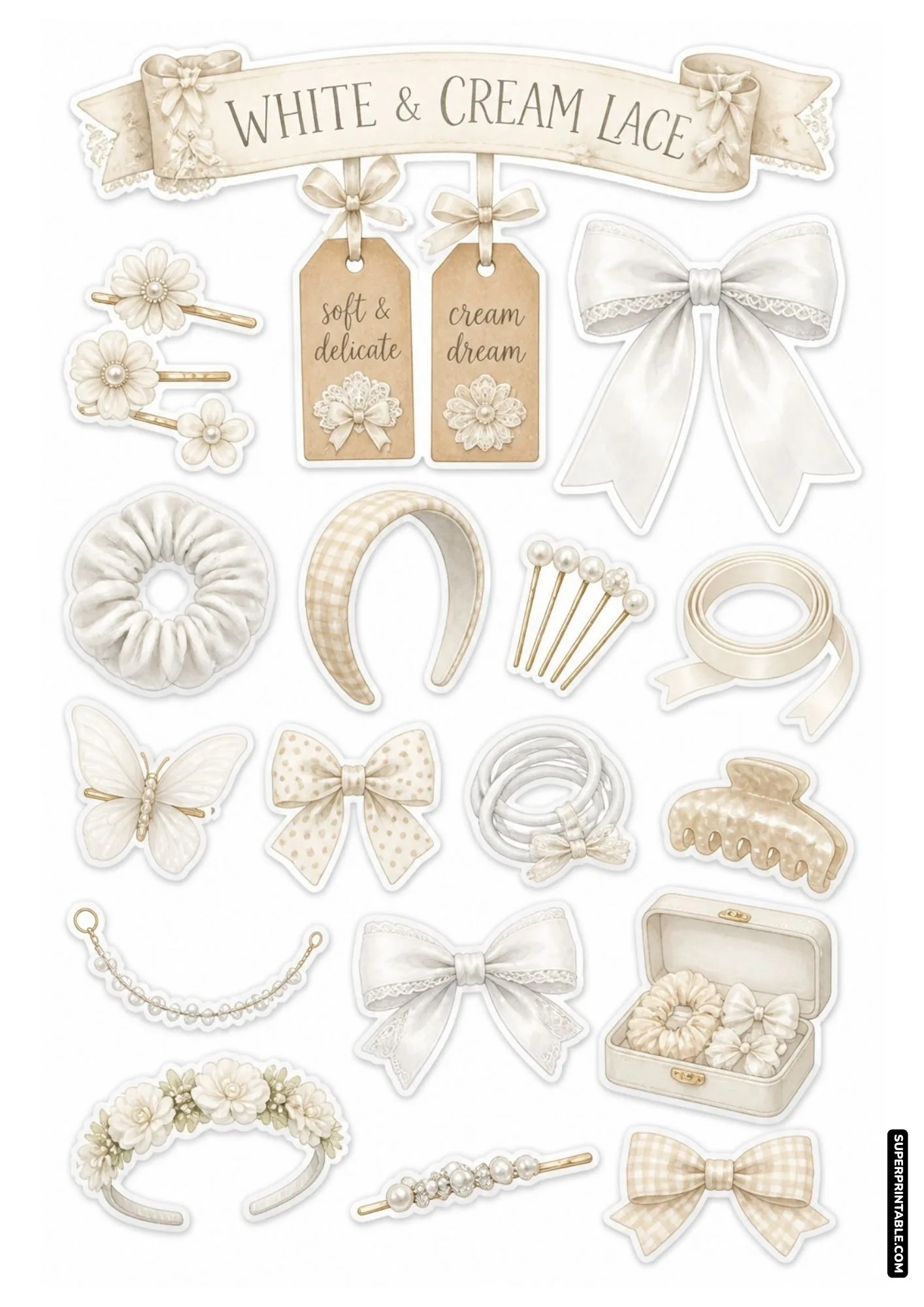 White lace sticker sheet with delicate cream hair bows, pearl hairpins, and floral clips.