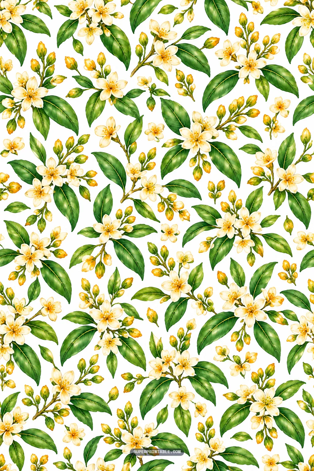 All-over botanical floral pattern featuring creamy white mango flowers and glossy green foliage.