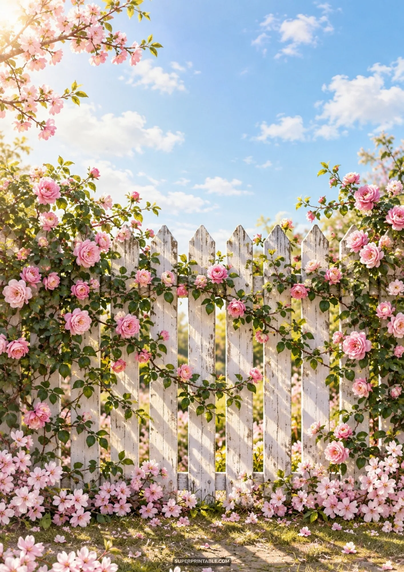 Rustic white wooden picket fence covered in climbing pink roses and cherry blossoms in bright sunshine