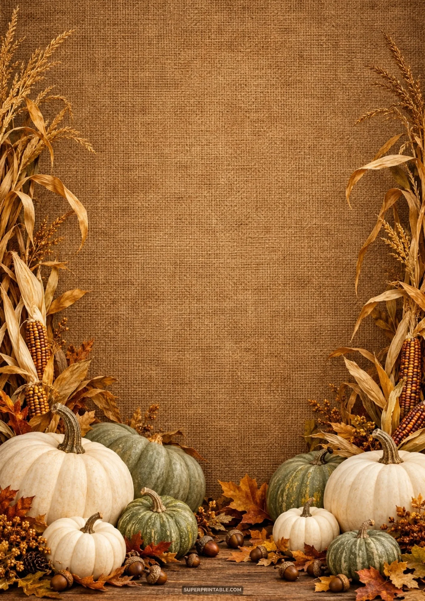 Autumn harvest scene featuring white and green pumpkins flanked by dry cornstalks on textured burlap cloth.
