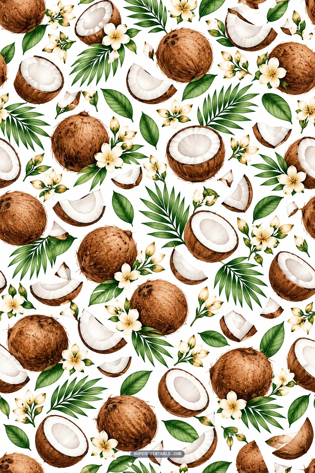 Textured whole coconuts, cracked slices, and tropical palm foliage on a white background.