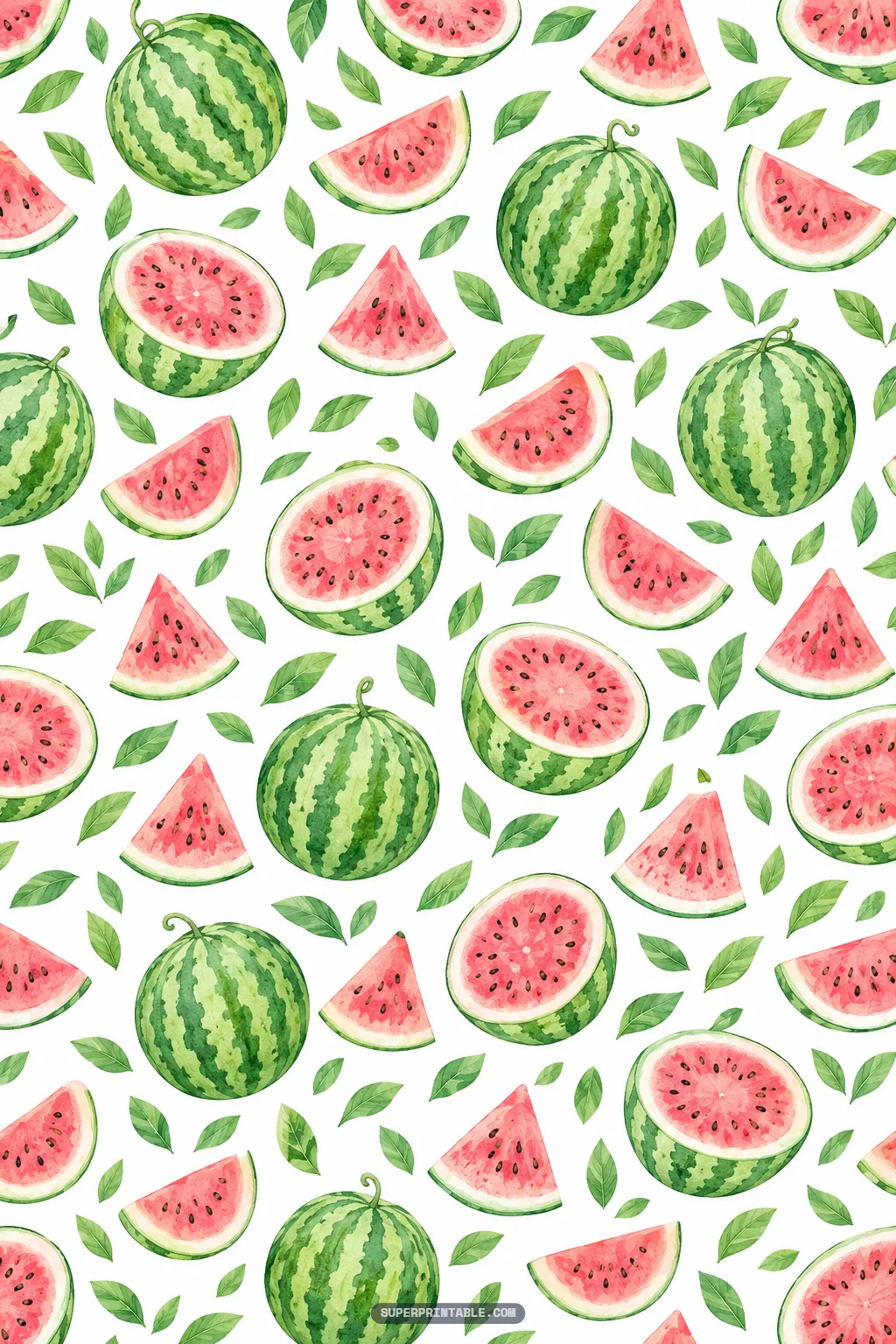 Whole striped watermelons along with sliced halves and wedges surrounded by fresh summer leaves