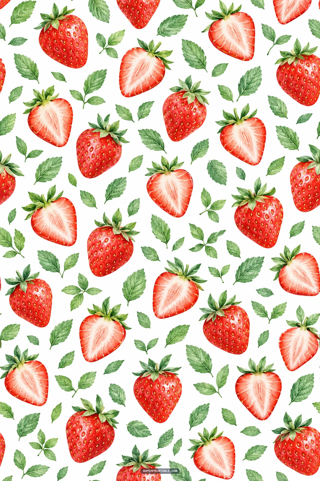 Seamless pattern with juicy whole strawberries, sliced fruit halves, and green leaves