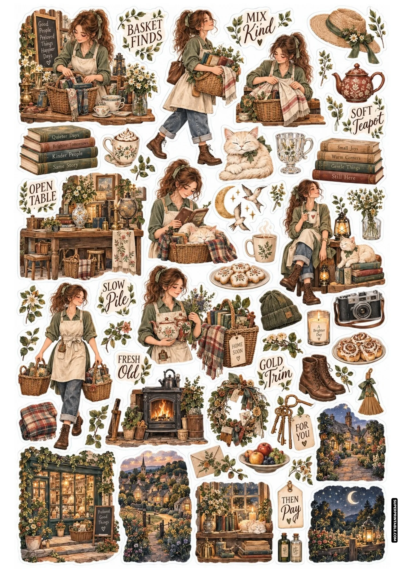 Market basket stickers showing a girl packing preloved teapots, woven baskets, and rustic books.