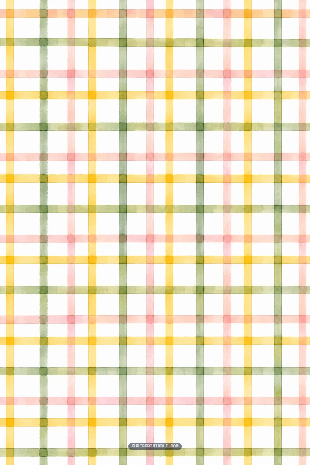 Airy watercolor windowpane plaid in soft blush pink, olive green, and yellow