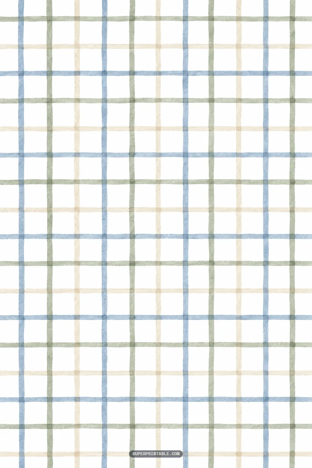 Wide windowpane plaid grid in dusty blue, sage green, and tan watercolor lines across an off-white background