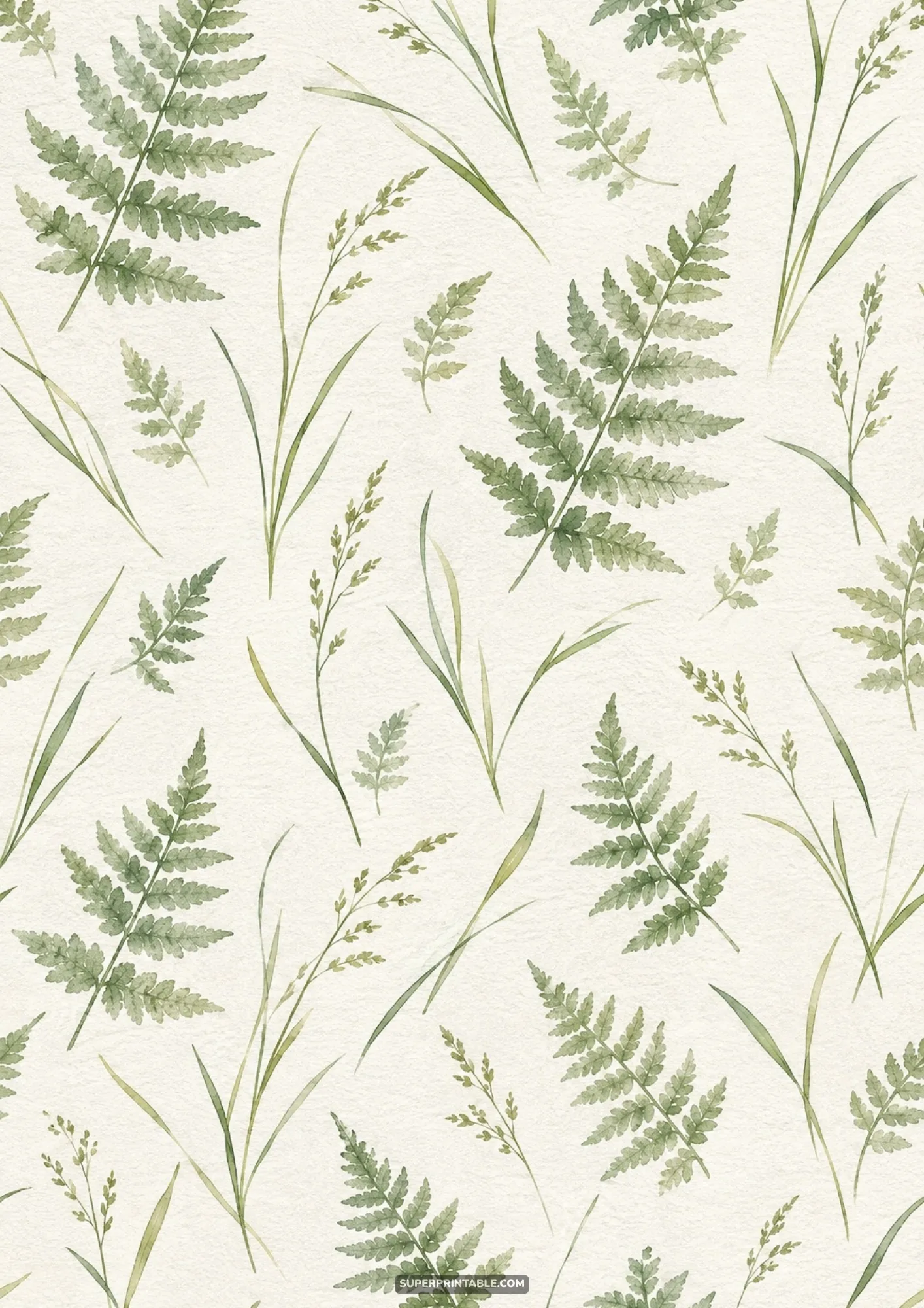 Detailed green watercolor fern fronds and meadow grass stalks patterned on textured paper