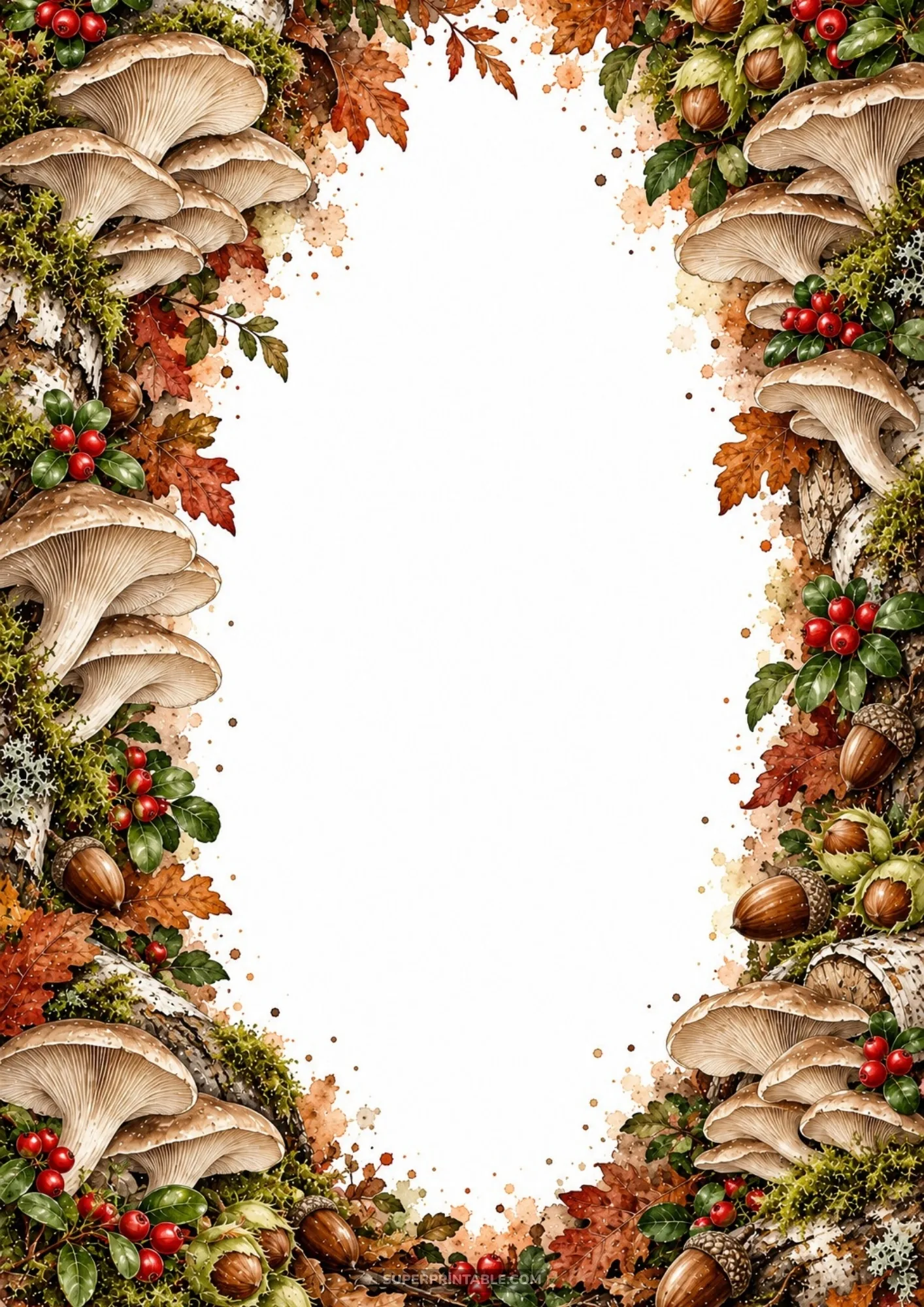 Clusters of wild oyster mushrooms on white birch bark with bright red lingonberries and acorns.
