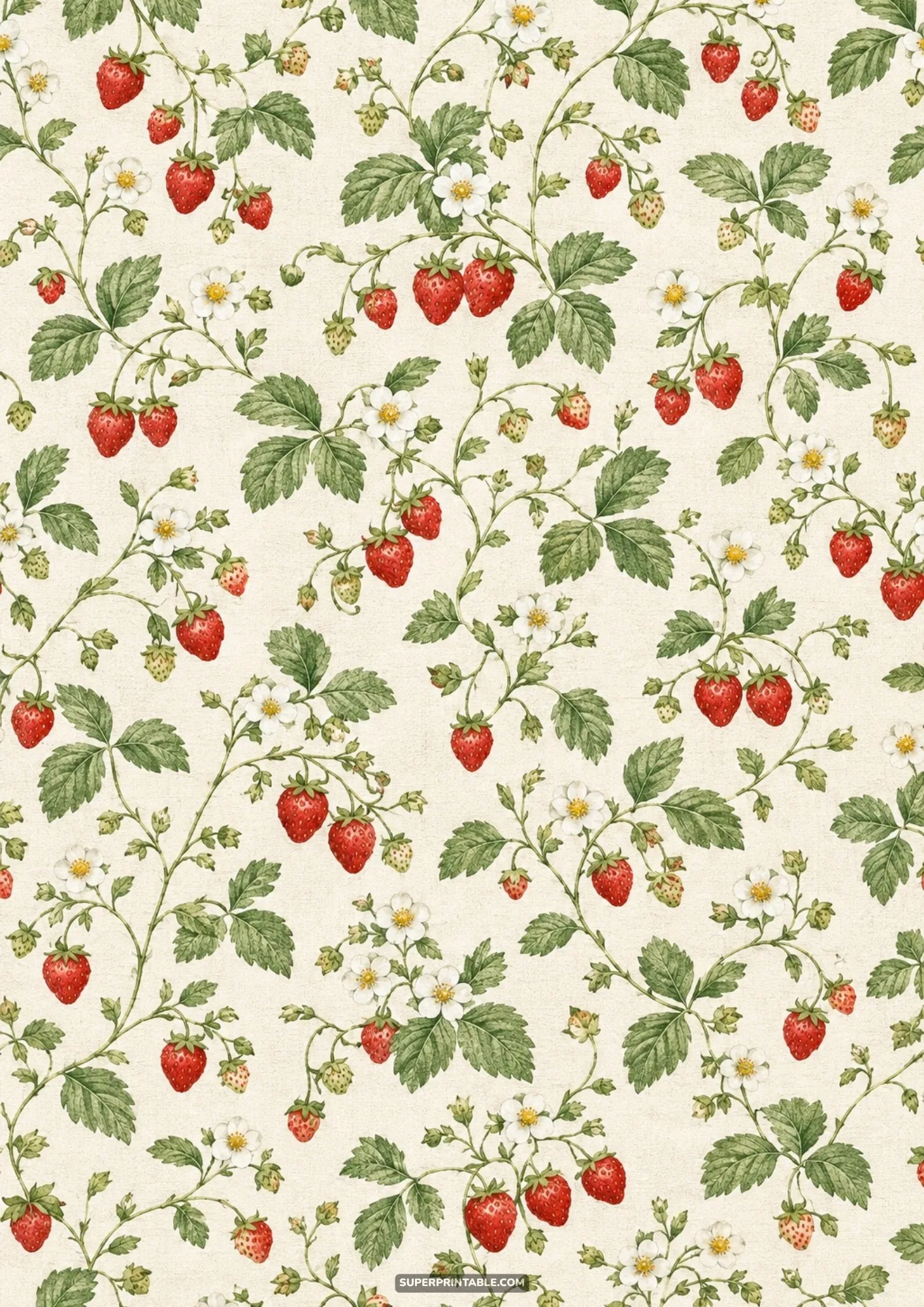 Vintage botanical pattern of trailing wild strawberry vines with ripe red fruit and white flowers