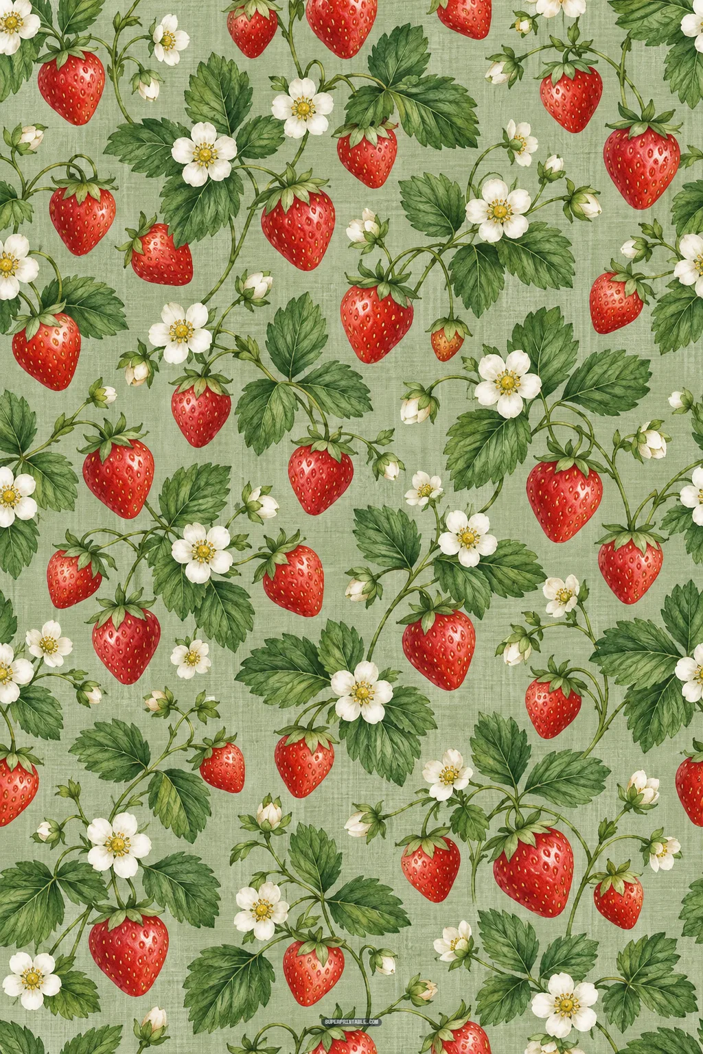Lush red strawberries with white blossoms and green serrated leaves across textured olive green fabric paper