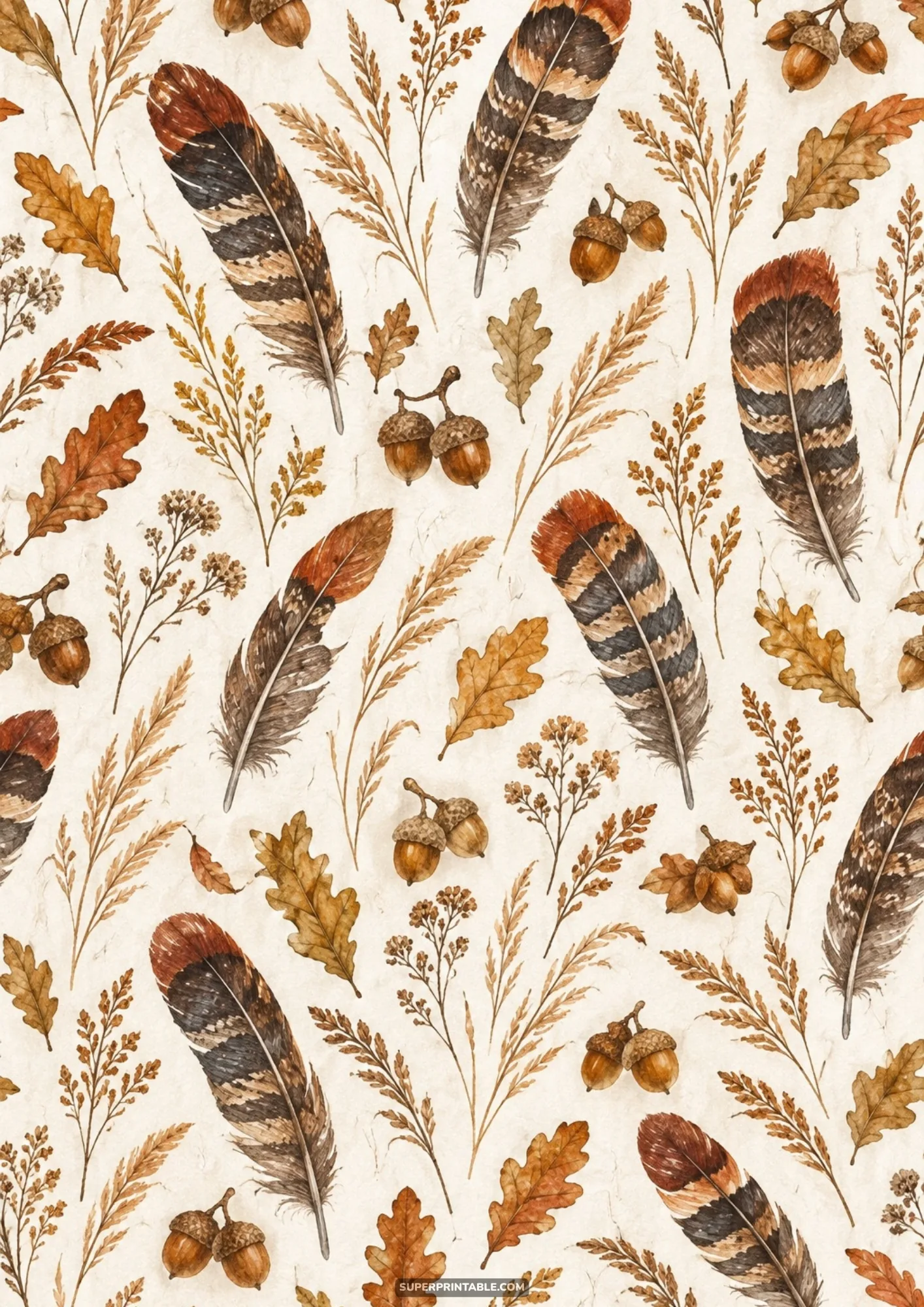 Illustrated autumn pattern featuring striped wild turkey feathers, oak acorns, and dried grass sprigs
