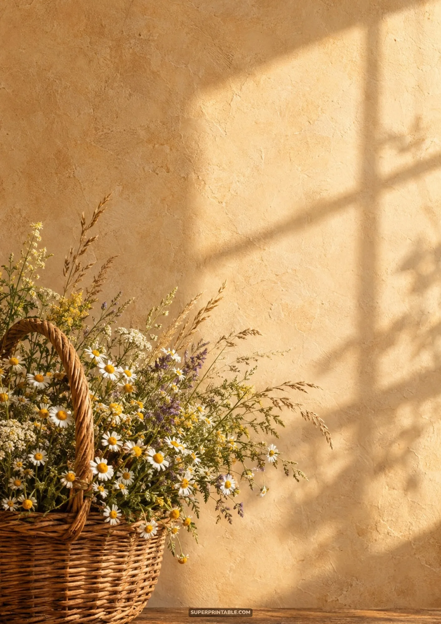 Woven wicker basket full of white daisies and grasses against a warm sunlit plaster wall