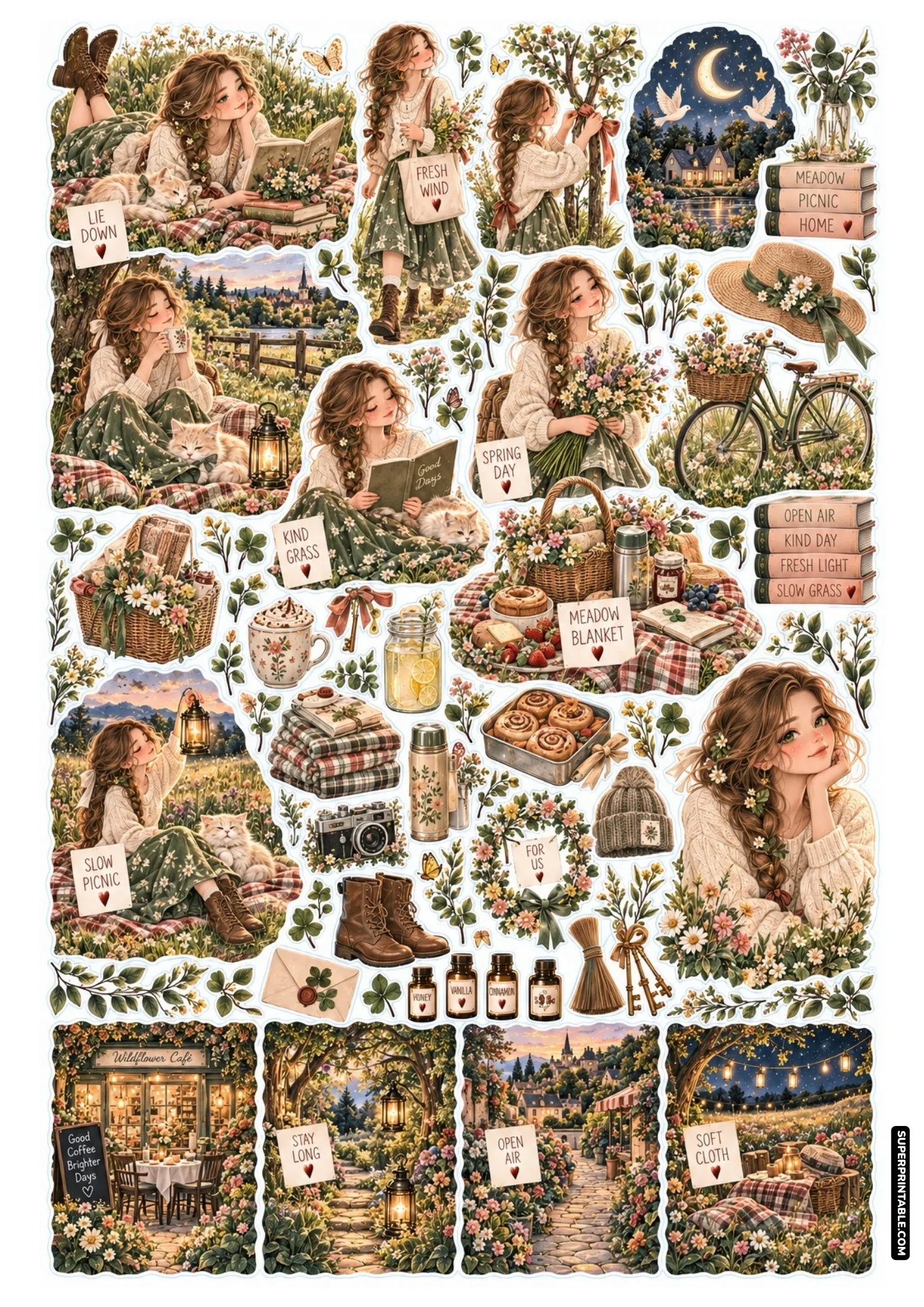 Charming spring picnic stickers featuring a girl reading in meadows, a bike, and café scenes.