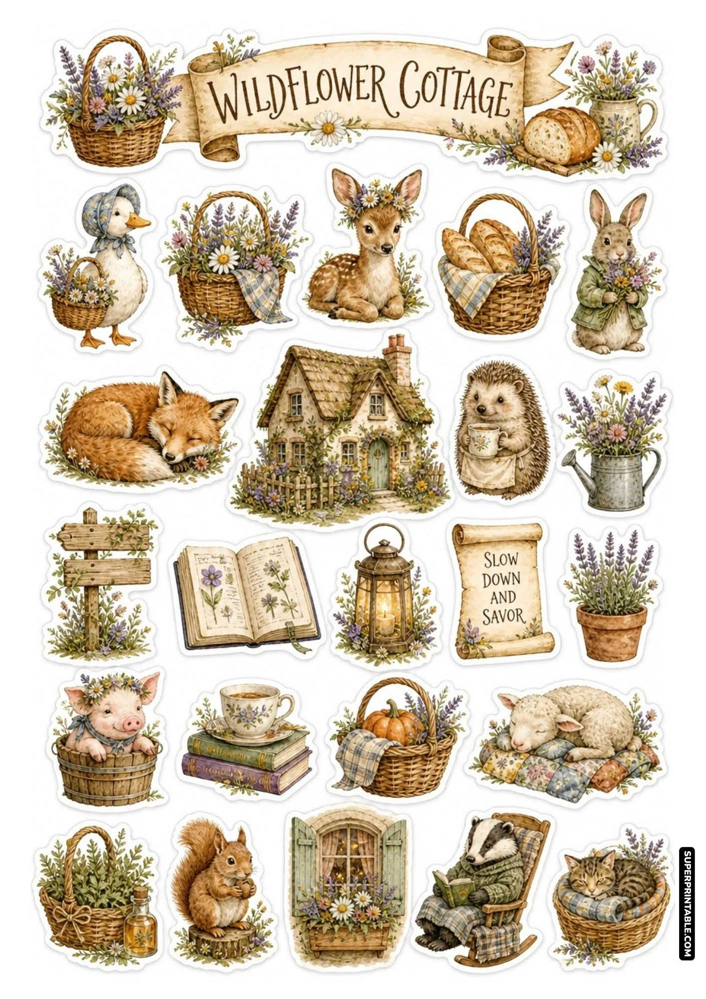 Wildflower cottage sticker page displaying sleeping fox, bonneted duck, and botanical herb garden elements.