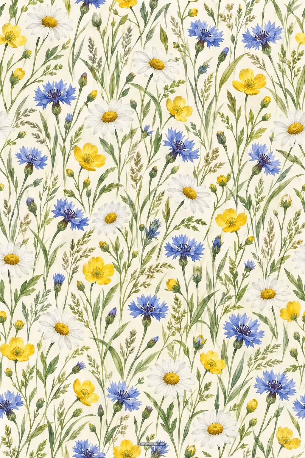 Lush summer meadow watercolor pattern with white daisies, bright blue cornflowers, and sunny yellow buttercups