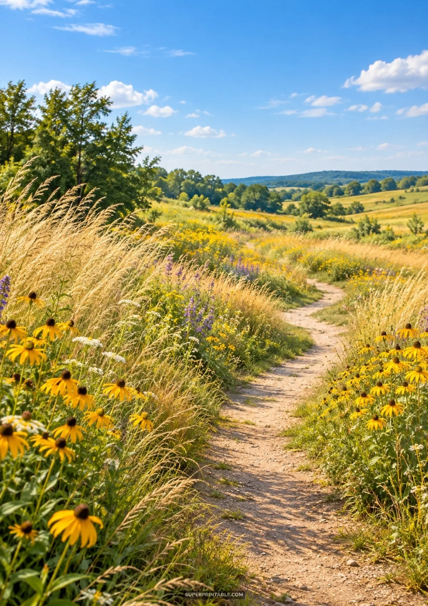 Narrow dirt path winding through wild tall grasses and yellow coneflowers across sunny summer meadows