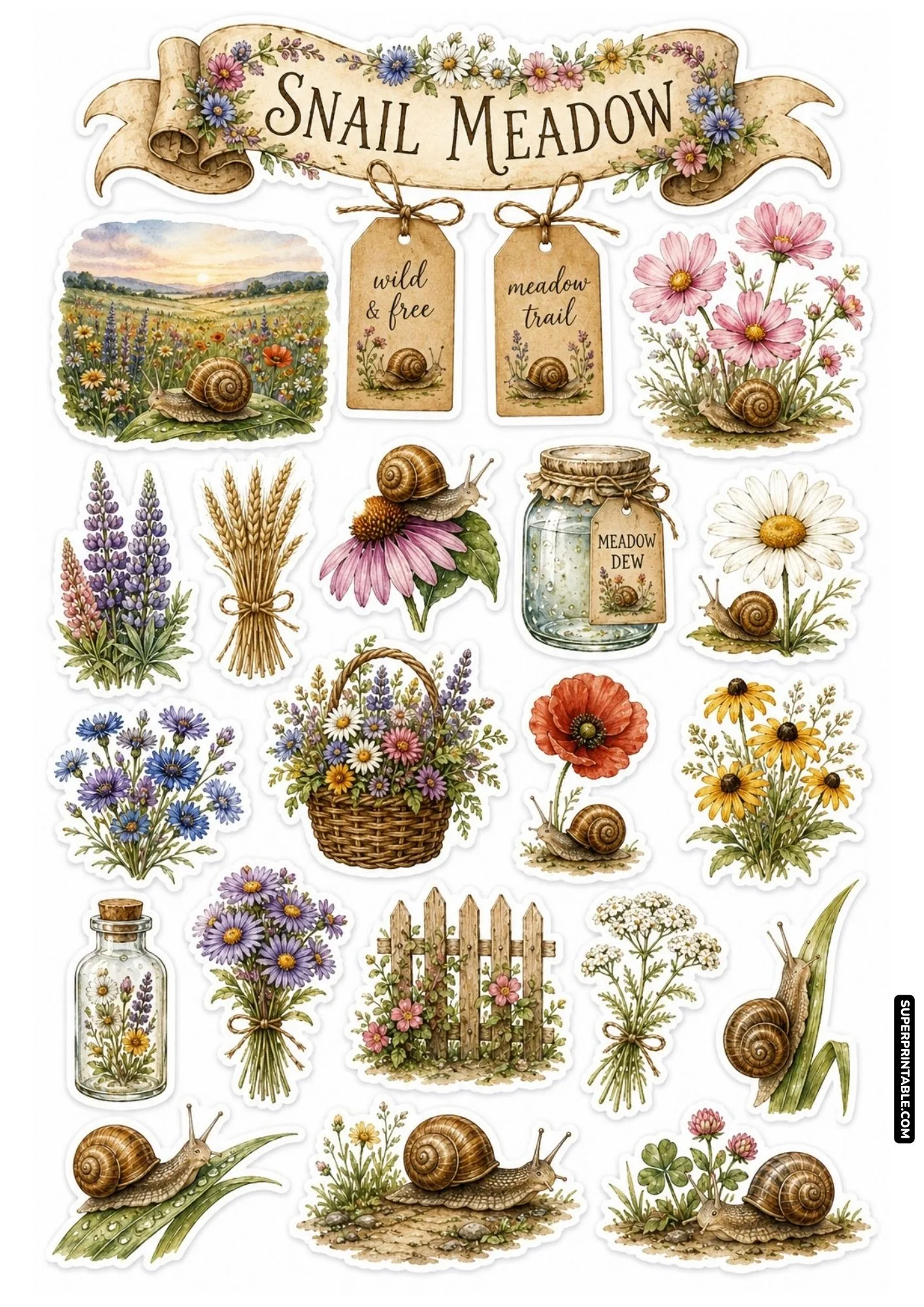 Wildflower meadow sticker sheet featuring lupines, daisies, poppies, and snails in natural grass.