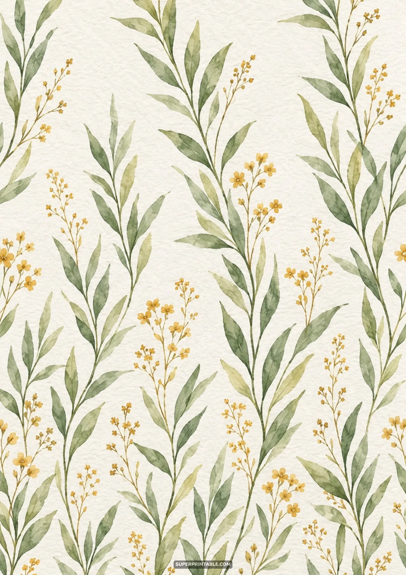 Slender green leaves and golden yellow wildflower seed sprays climbing on textured paper