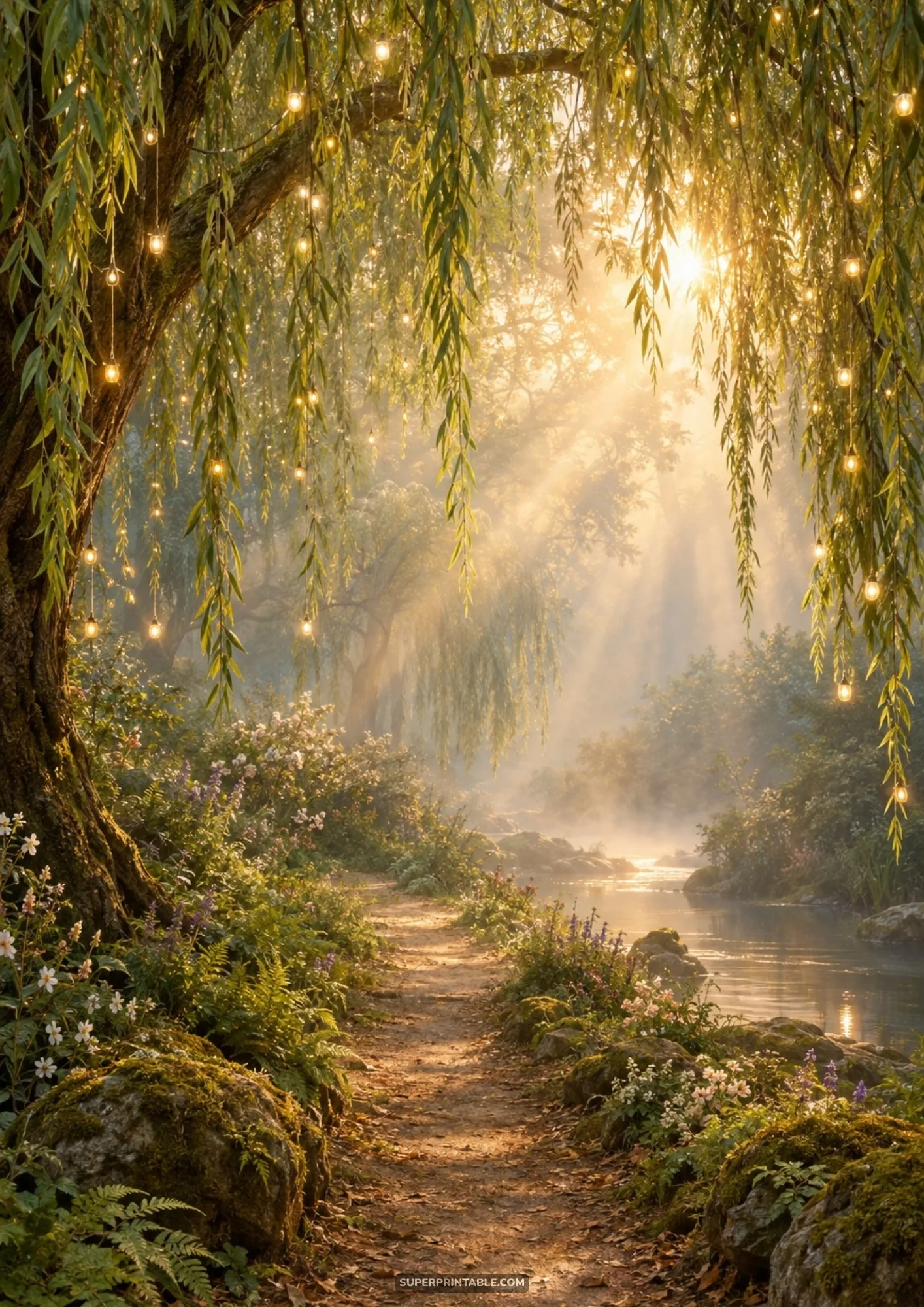 Glow of fairy lights across mystical whimsical woodland backgrounds along a peaceful river path
