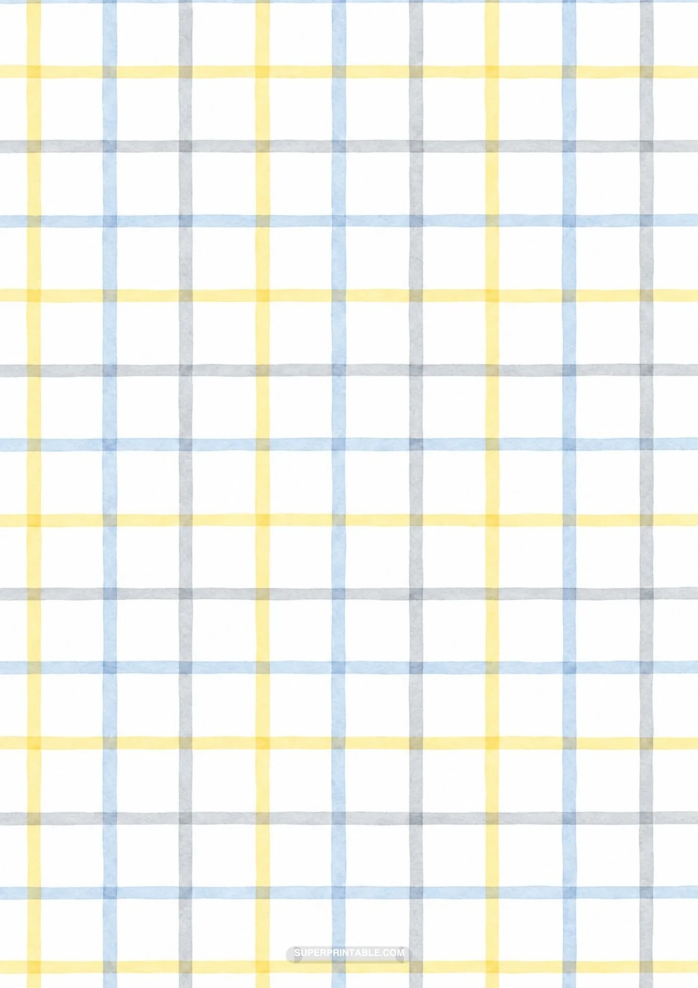 Crisp windowpane grid plaid with yellow, powder blue, and soft gray watercolor lines