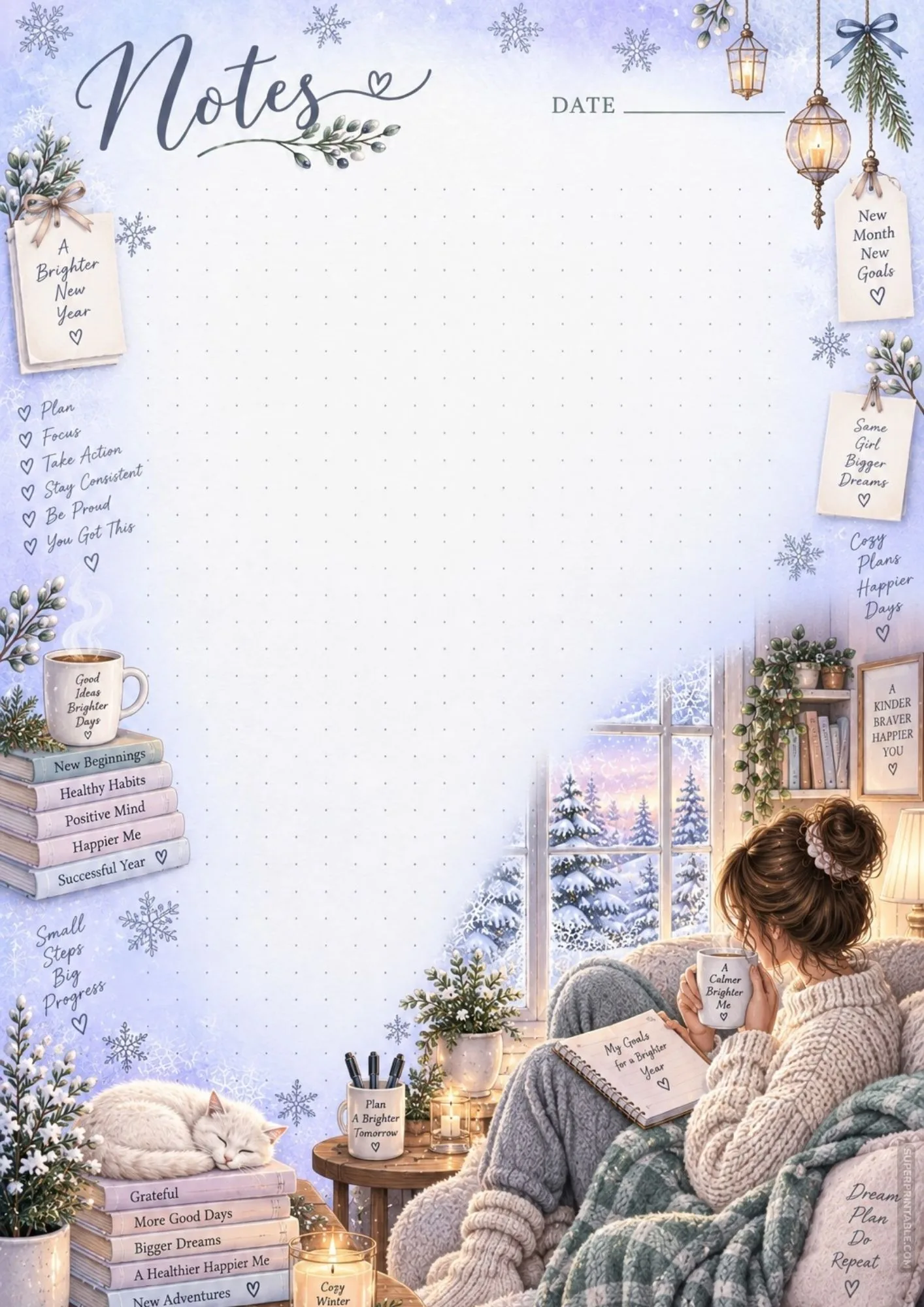 Printable note template with a girl holding a tea mug in a fluffy blanket in a snowy room.