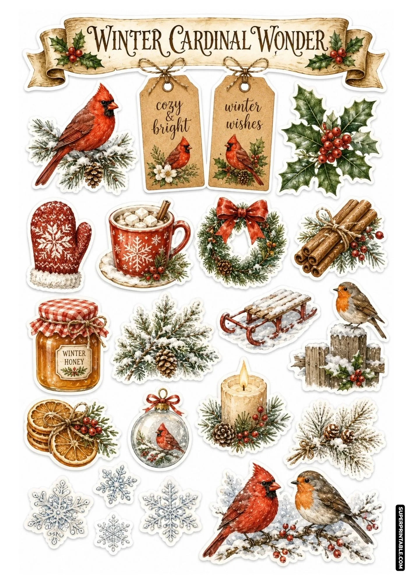 Printable bird sticker sheets for winter with red cardinals, evergreen pine, and cocoa mugs.