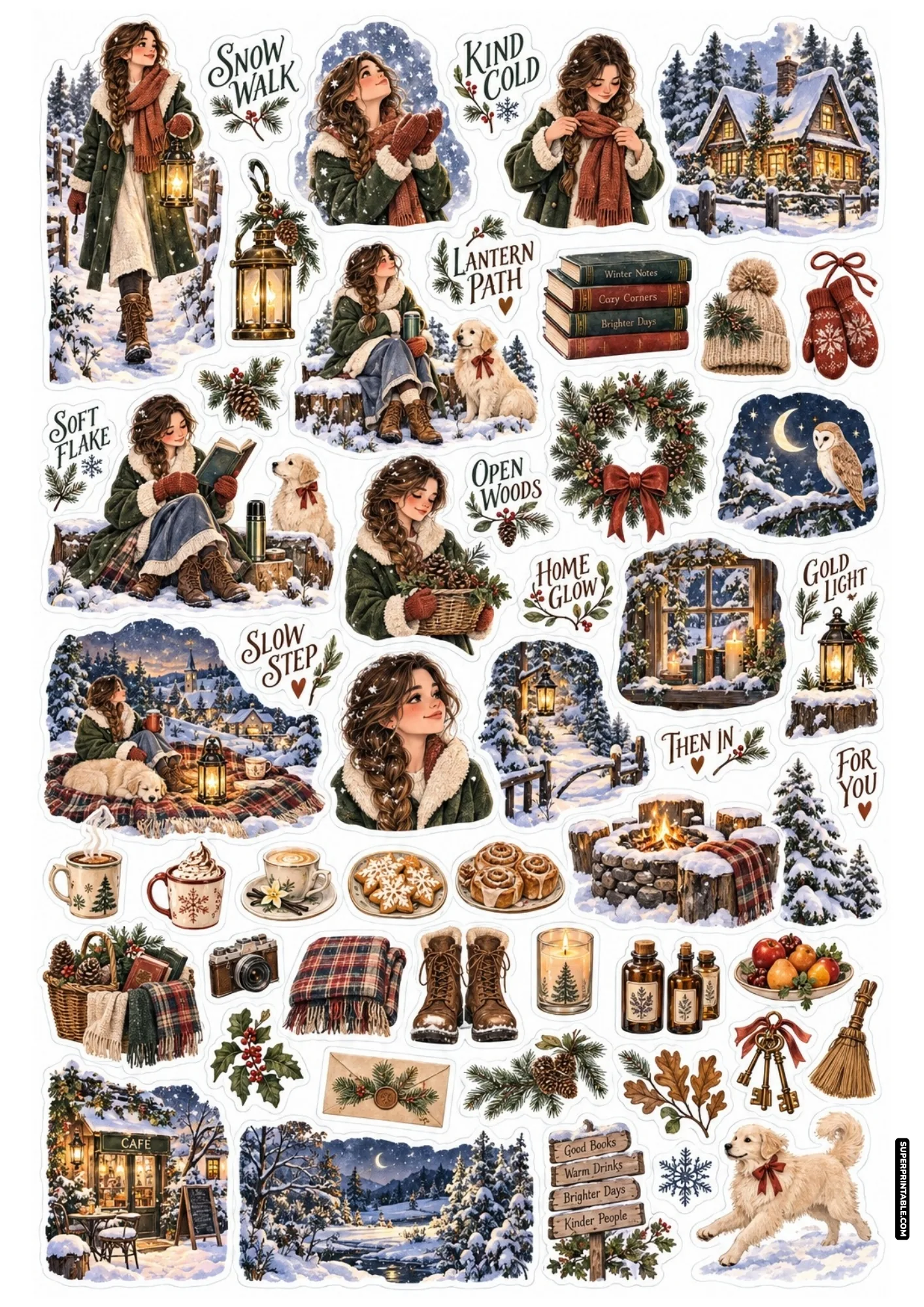 Snow Day sticker sheets featuring outdoor campfire warmth, a playful golden retriever, and snowy village scenes.