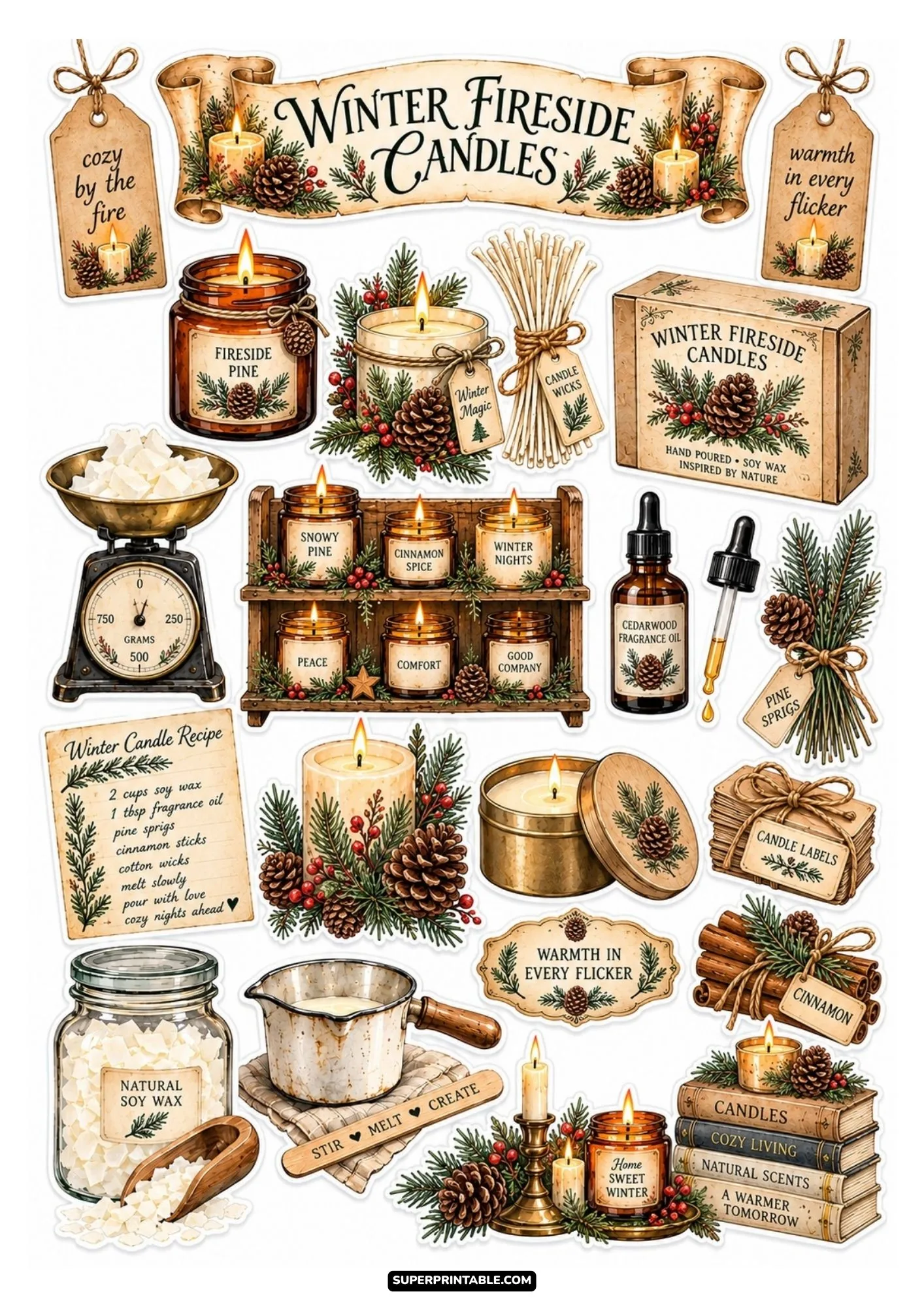 Winter fireside candle sticker sheet showing pinecone decorated candles, pine sprigs, red berries, and cozy winter notes.