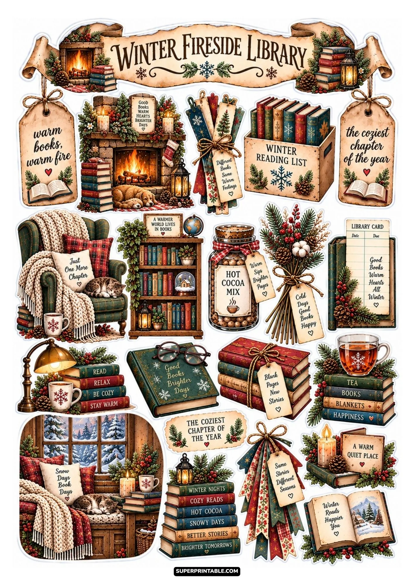 Winter fireside library sticker sheet with cozy stone fireplace, snowy windows, and hot cocoa jars.