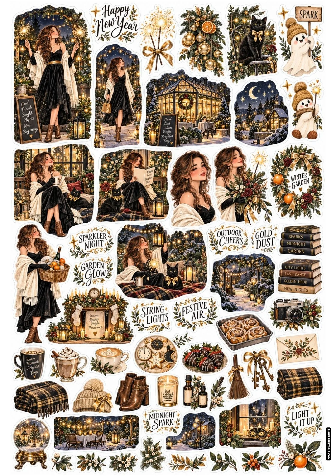 Winter garden sticker sheet depicting a woman holding radiant golden sparklers in a snowy courtyard
