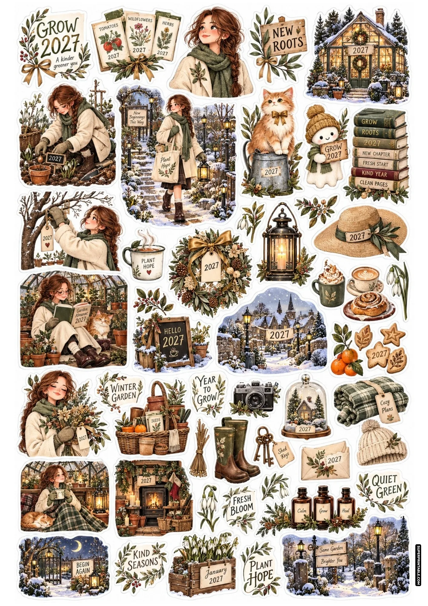 Botanical winter sticker sheet displaying a girl in gardening attire tending plants inside a snowy greenhouse.