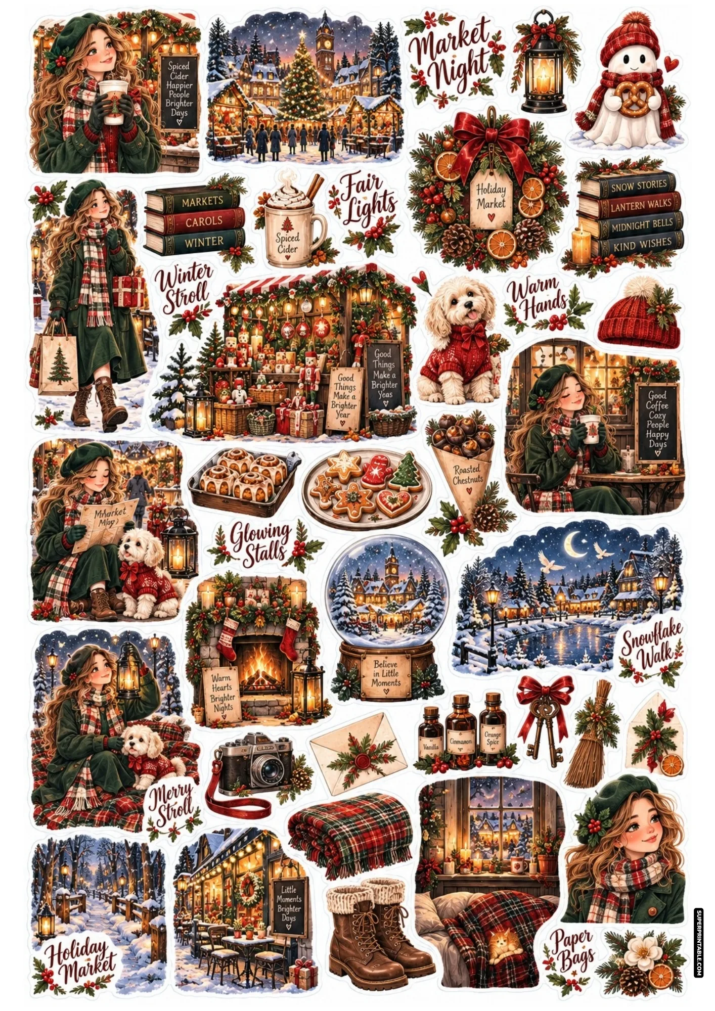 Winter market sticker sheet with festive stalls, hot spiced cider, baked goods, and cozy street lights
