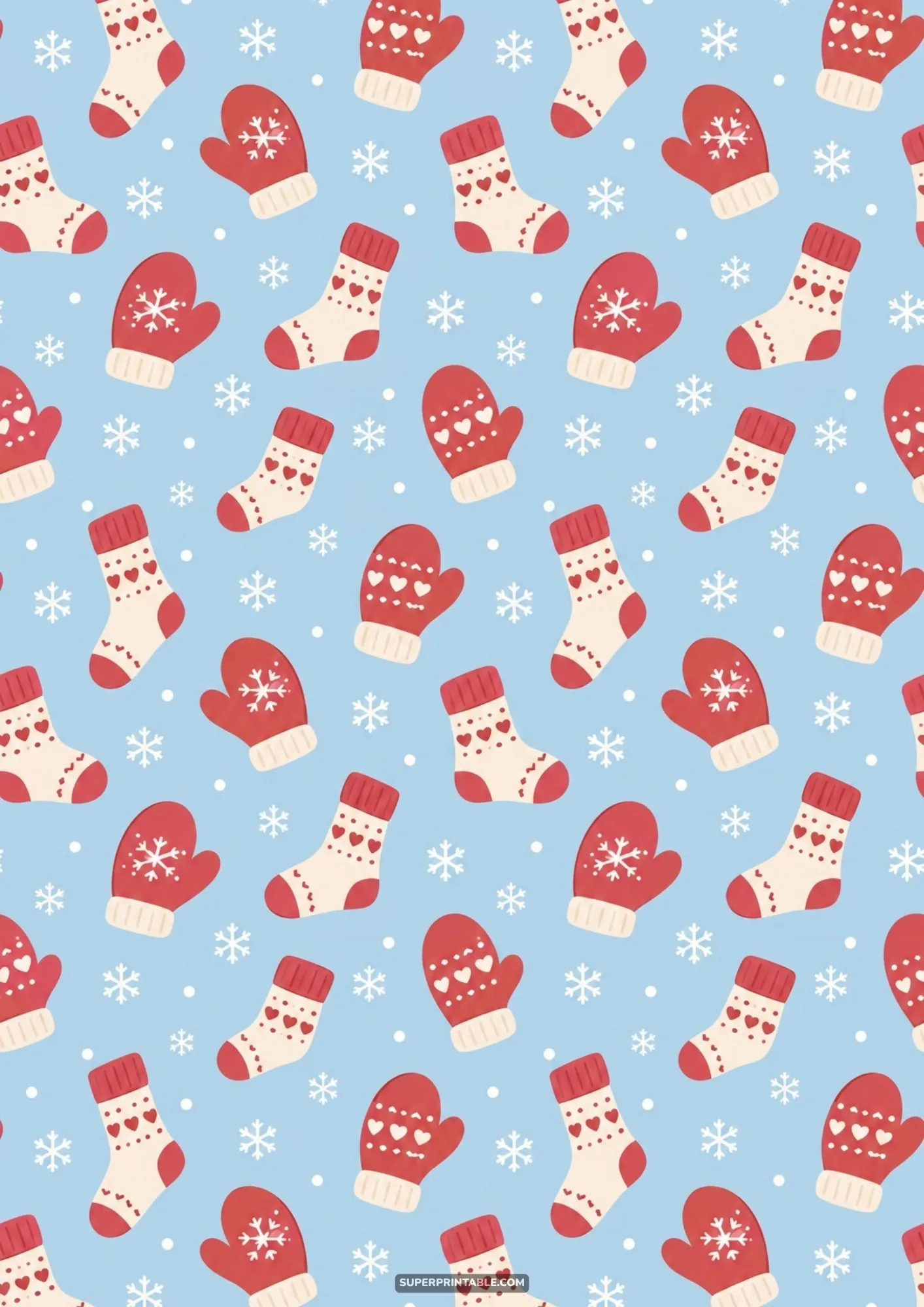 Festive winter holiday digital papers with warm red mittens, socks, and falling snowflakes.