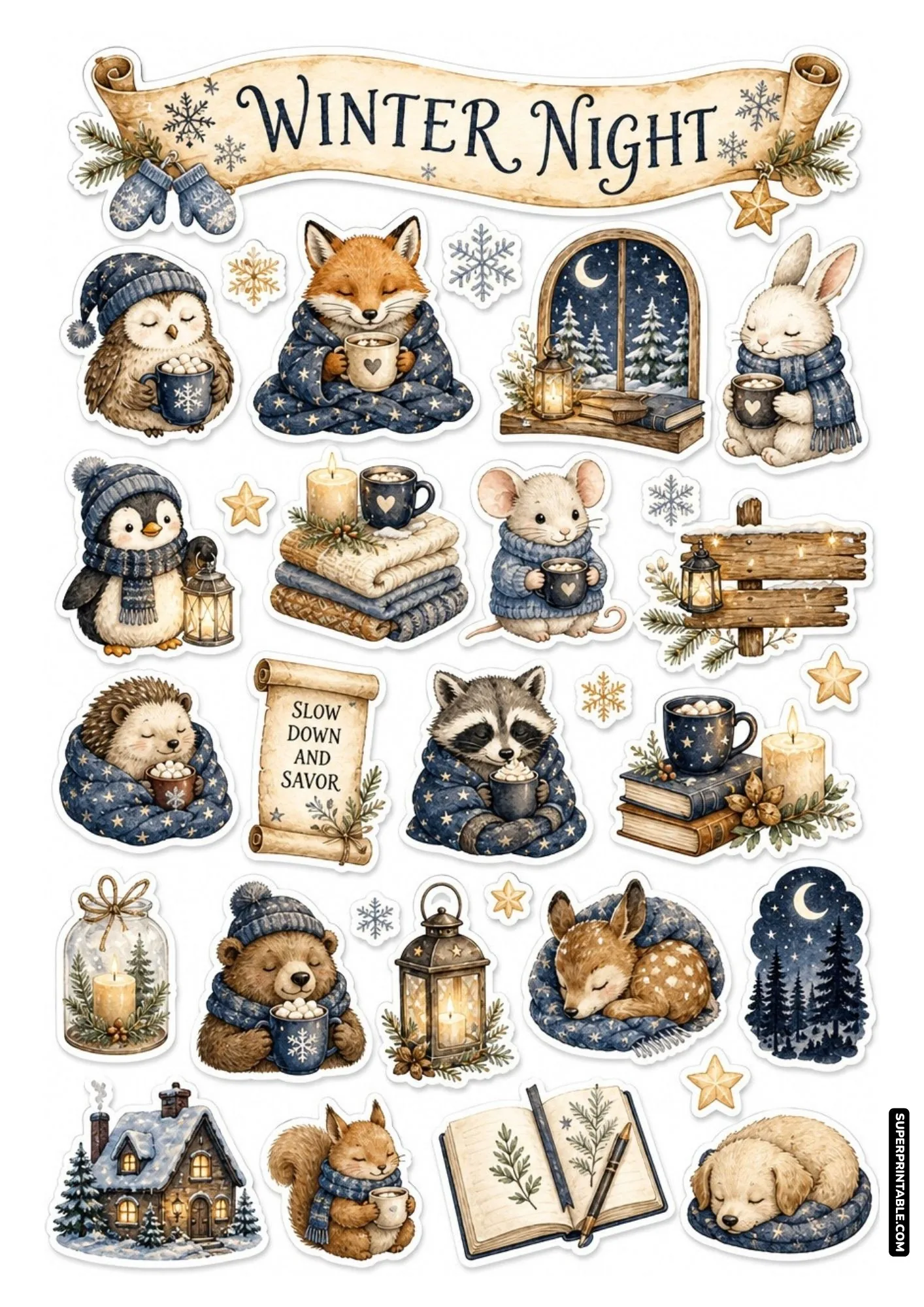 Cozy winter night sticker collection featuring sleeping animals wrapped in starry blue blankets.