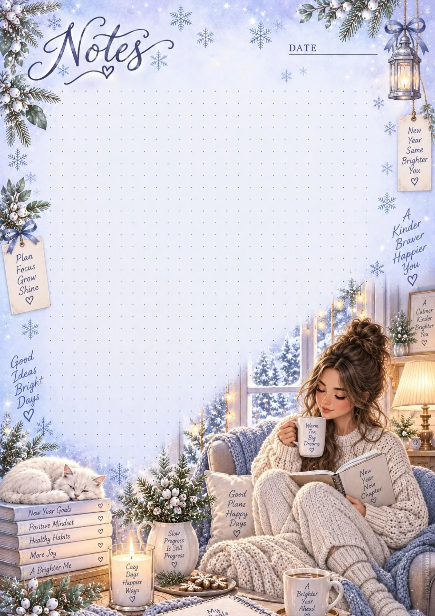 Dot grid note template featuring a cozy armchair reading nook with candles and white cat.