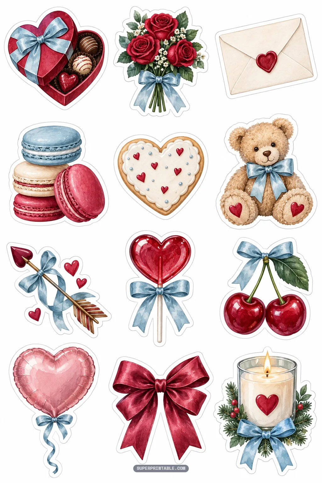 Winter romance stickers displaying heart chocolate boxes, rose bouquets, teddy bears, and scented candles
