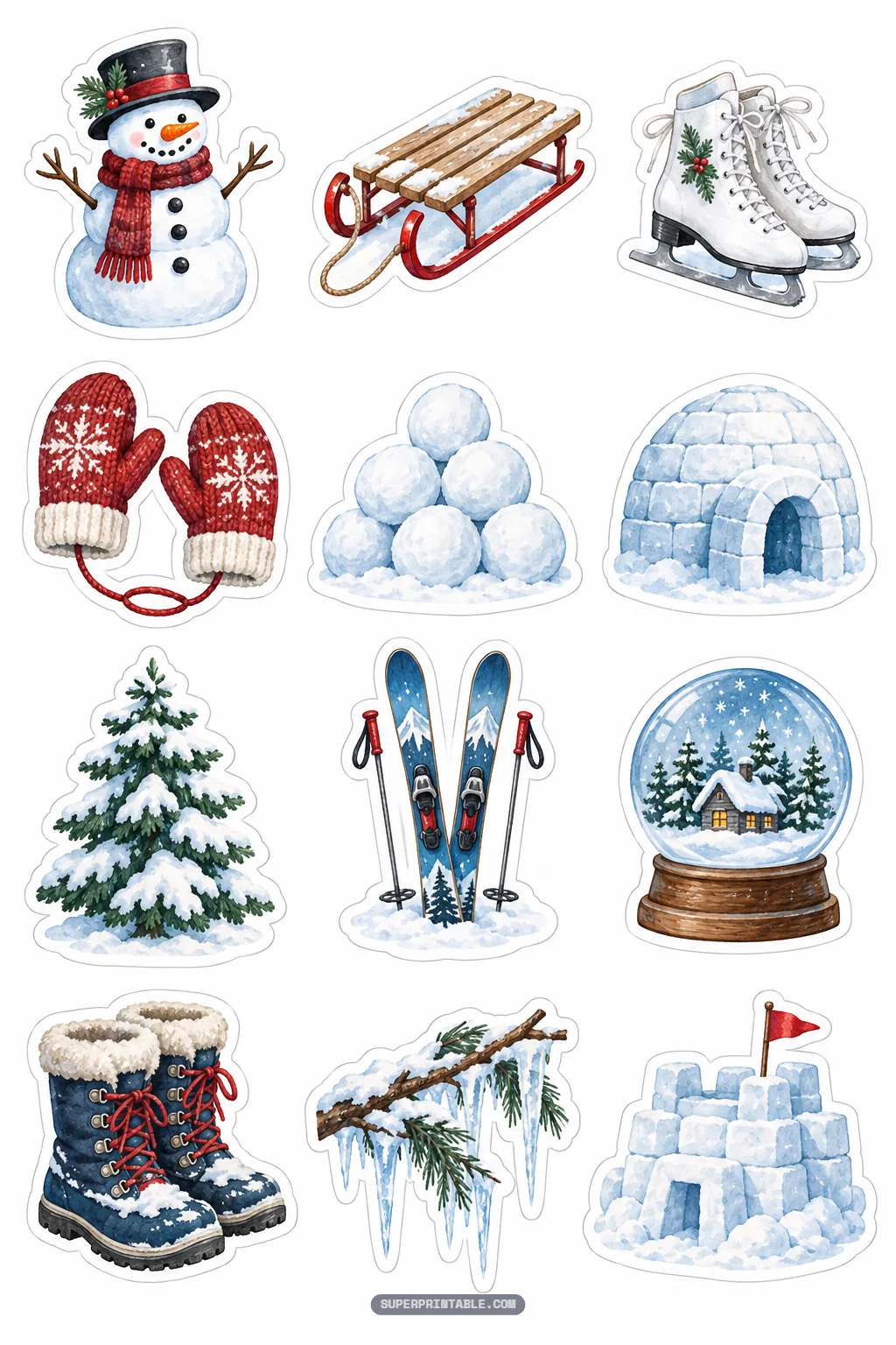 Printable sheet of winter cozy wonderland stickers featuring snowmen, wooden sleds, mittens, and snow forts