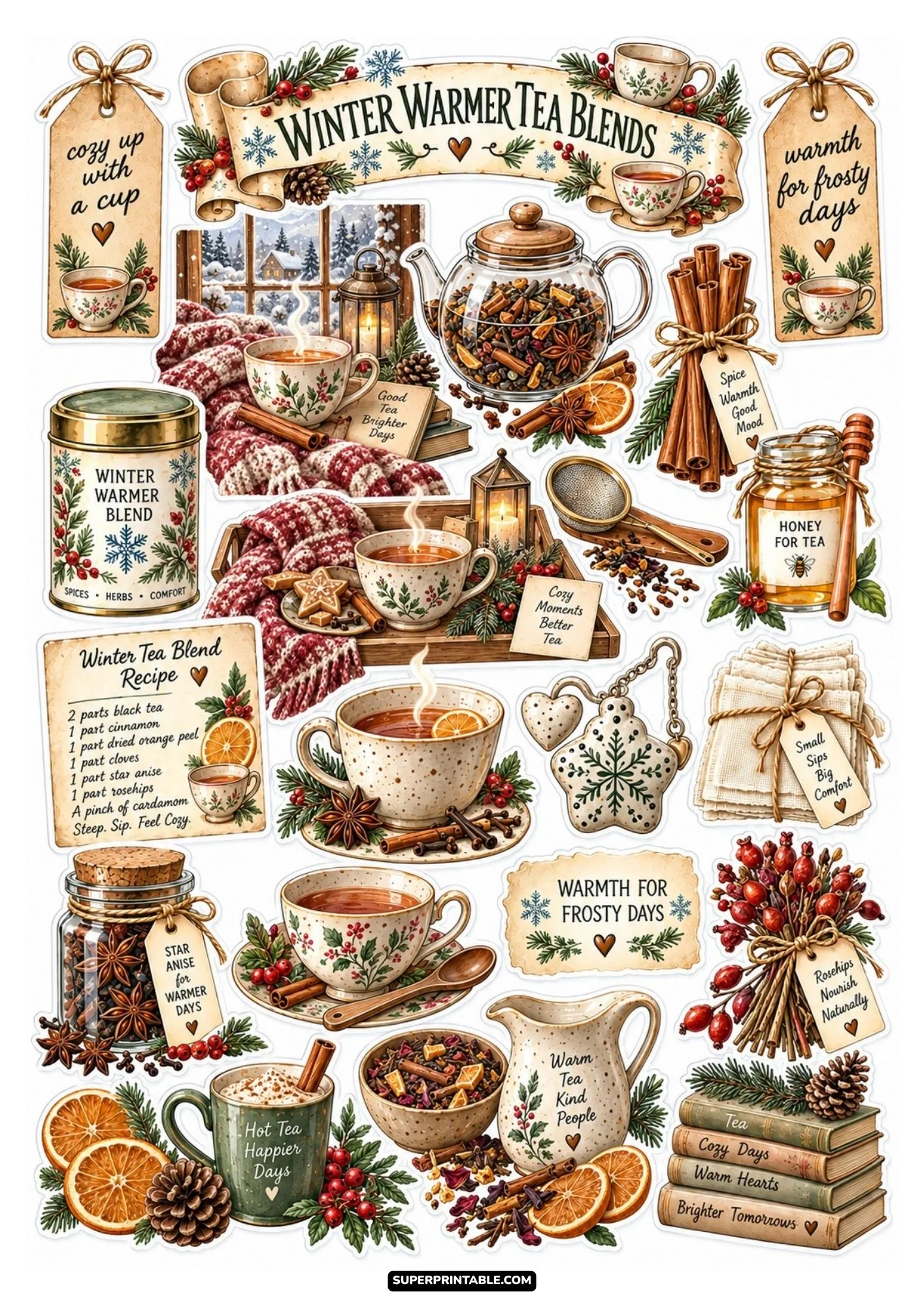 Winter warmer tea blend sticker sheet with cozy teapots, cinnamon, and recipe stickers for planners.