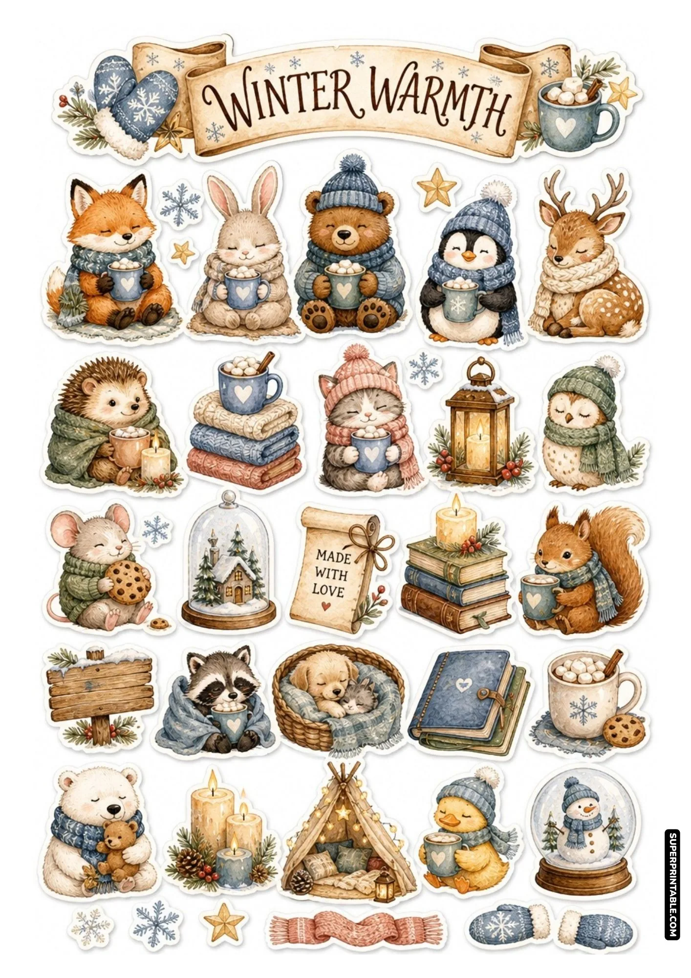 Cute winter animal stickers wrapped in wool scarves with cocoa mugs and wooden signs.