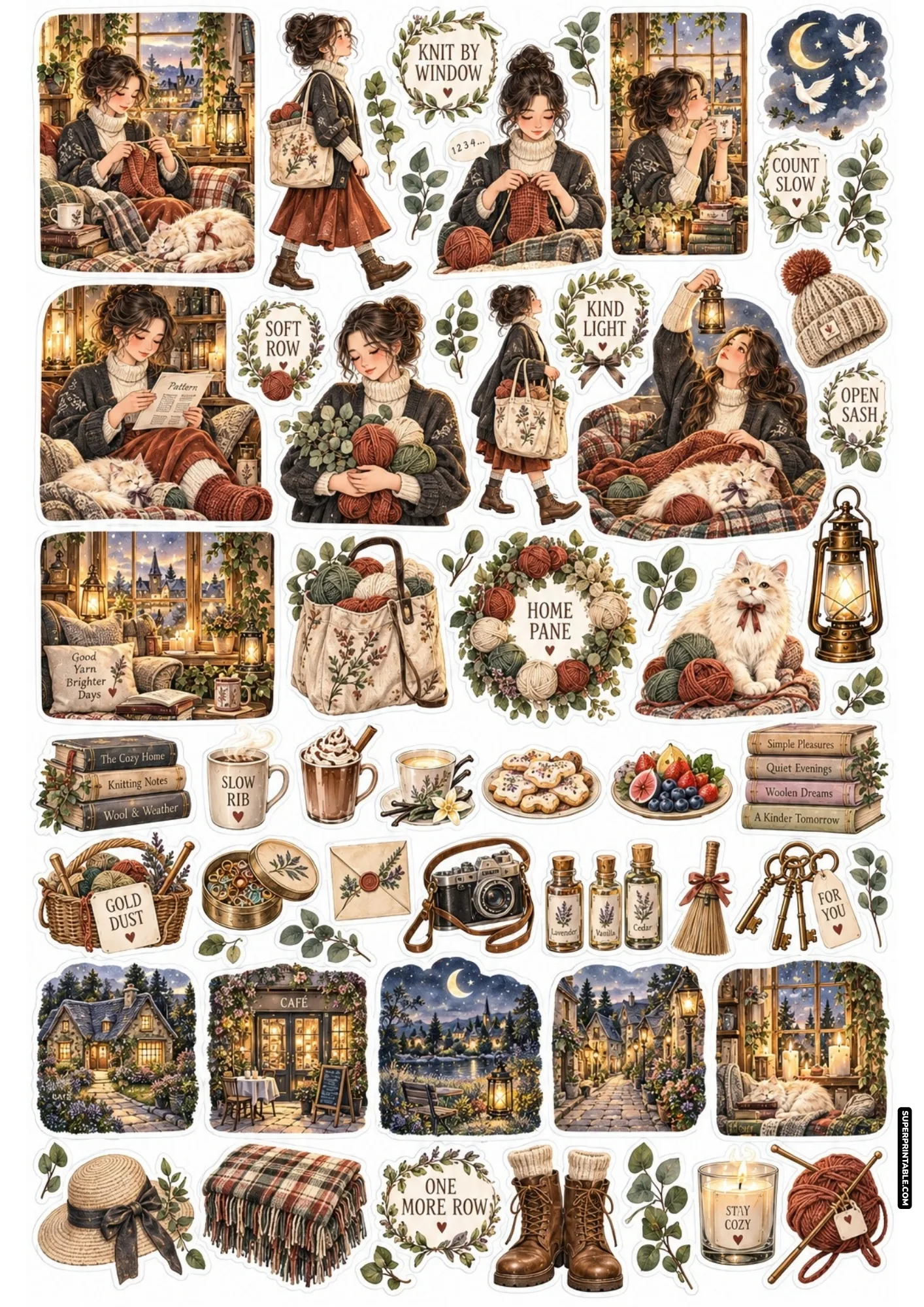 Knitting sticker sheet showing a girl knitting by a snowy window with a sleeping cat, yarn skeins, and winter treats