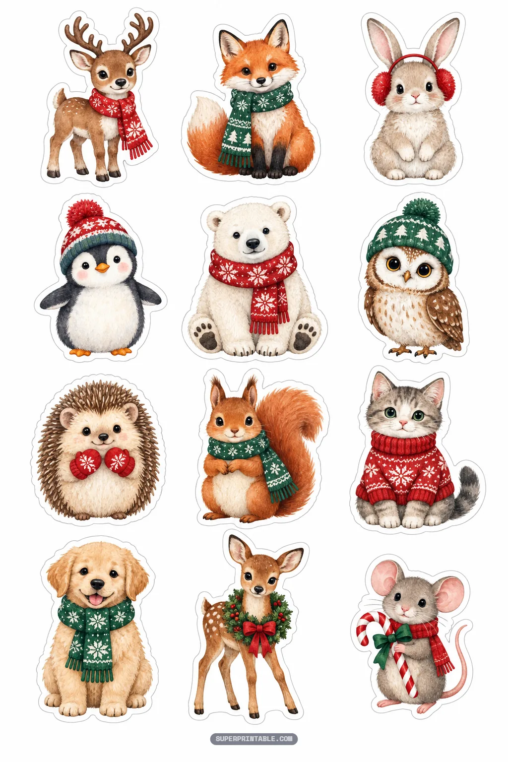 Cute winter woodland animals wearing knitted scarves hats and cozy holiday sweaters