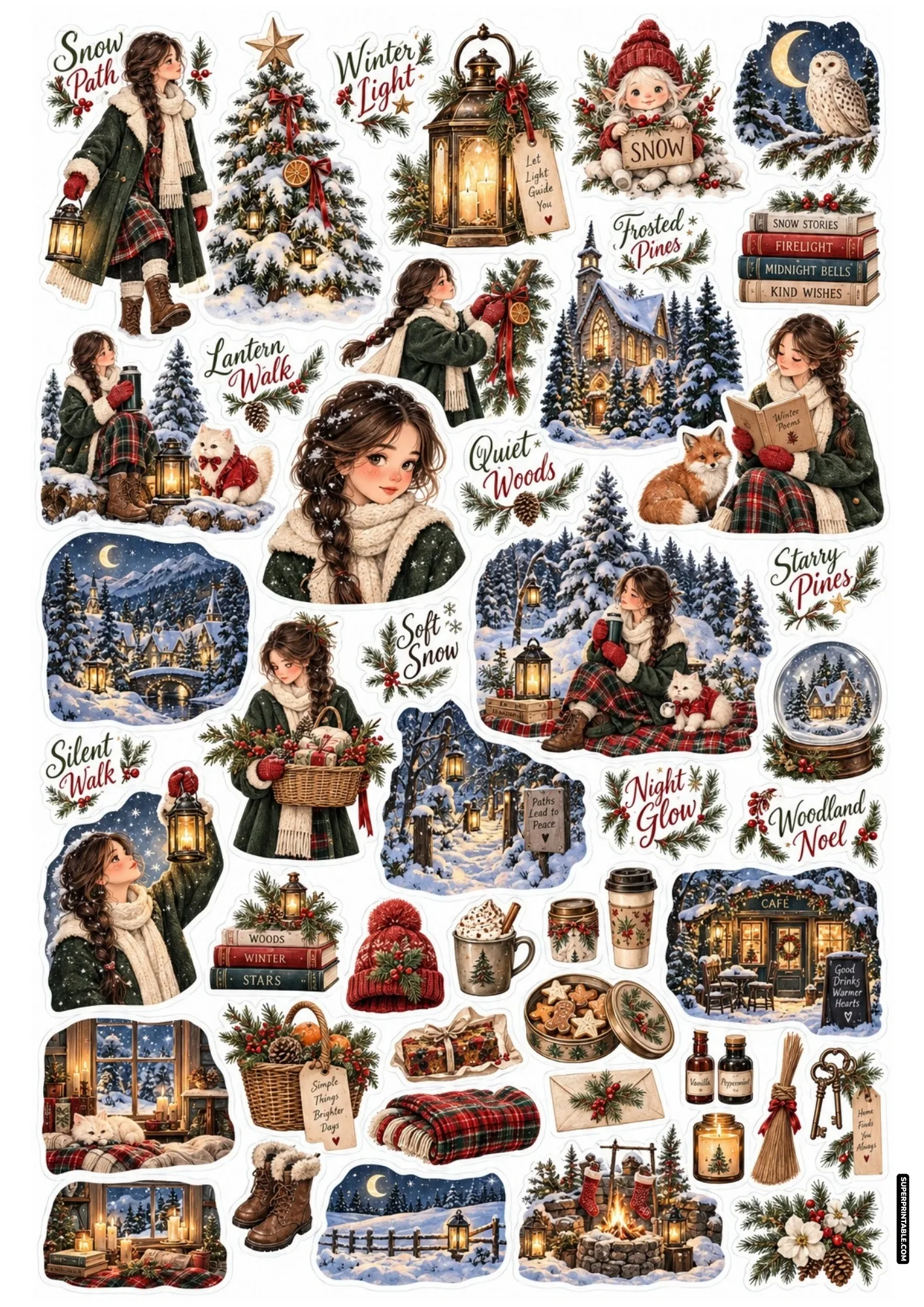 Woodland winter sticker sheet showing snowy pine forests, brass lanterns, chapel, owl, and red fox