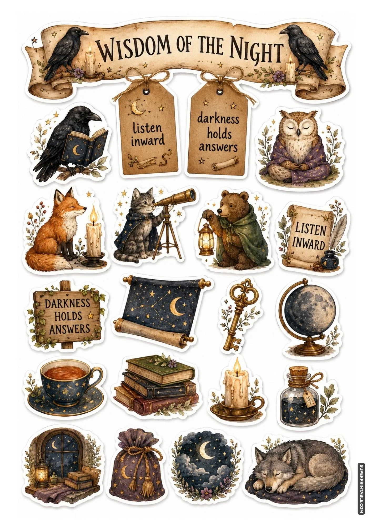 Wisdom of the night sticker sheet with ravens, meditating owls, celestial scrolls, and vintage keys.