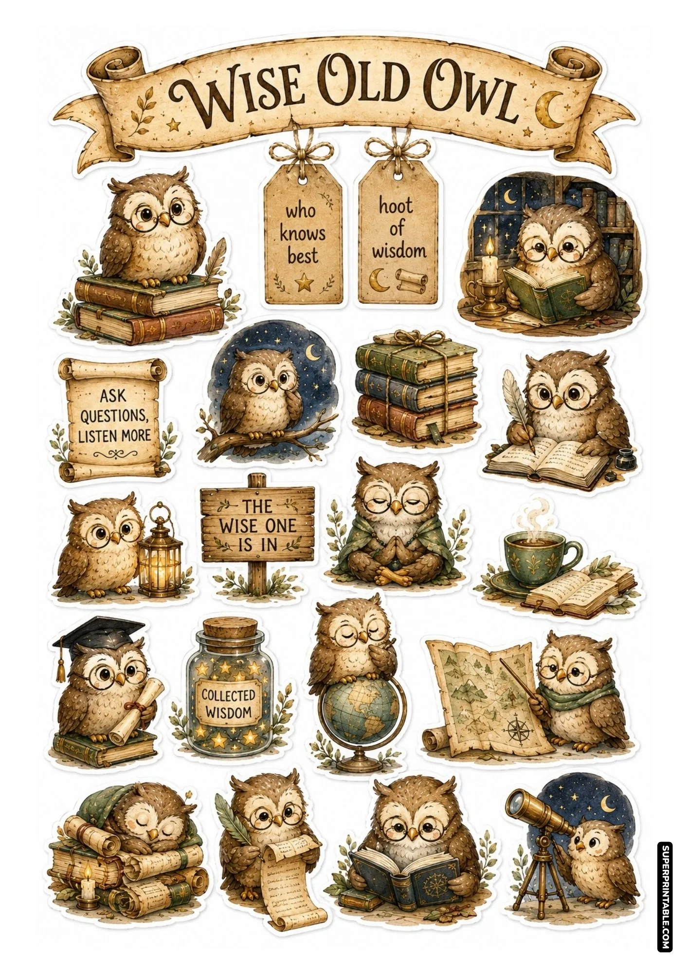 Classic wise old owl sticker sheet with round glasses, graduation mortarboard, glowing jars, and leatherbound books.