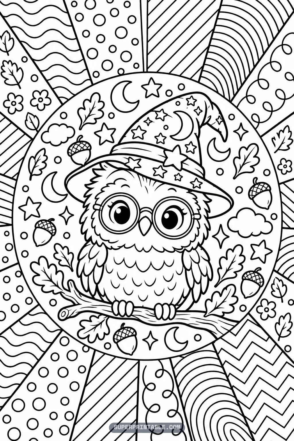 Wise little owl wearing round glasses and a starry wizard hat perched on a branch with acorns and leaves